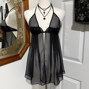 VTG Y2K Victoria's Secret Black Sheer Mesh Open Front Halter Backless Slip Dress